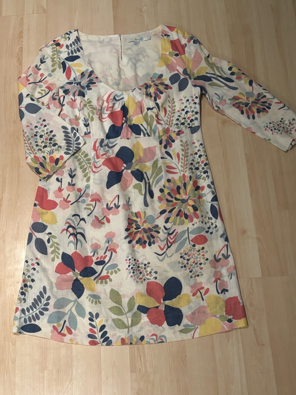 Boden 100% Linen Floral Scoop Neck A-Line Dress 3/4 Sleeve UK 8 US 4